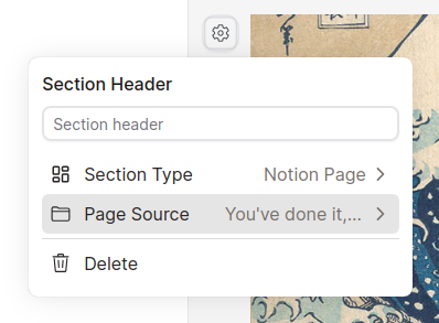 Stackoia application builder section settings hover on page source